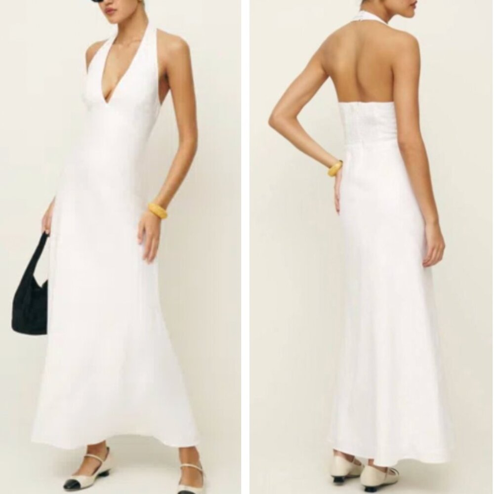 BEST Reformation Delilah Linen Maxi Dress Sz0/2 White Vacation Halter Wedding - Picture 3 of 15